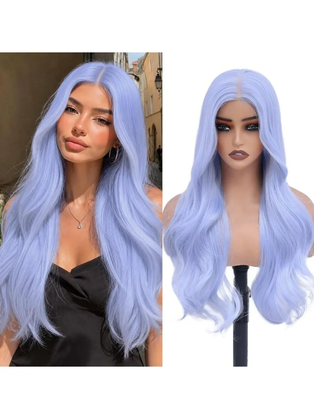 Women's 26 Inch Ice Blue Long Wavy Synthetic Glue Less 4x4 Lace Front Wig